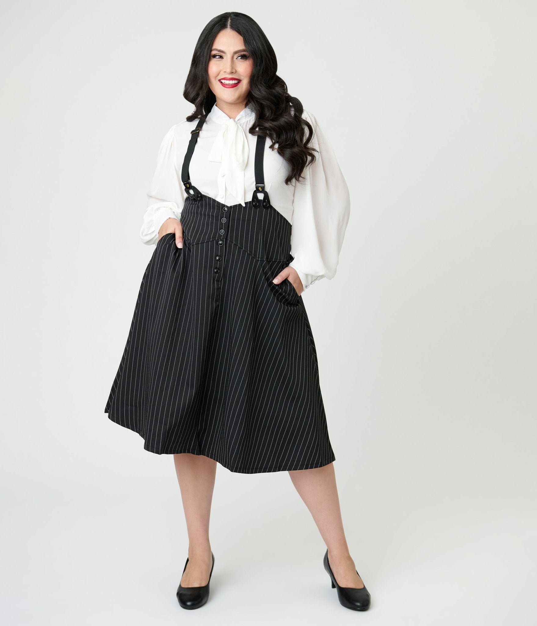 Unique Vintage Plus Size Black & White Pin Stripe Suspender Swing Skirt - Unique Vintage - Womens, BOTTOMS, SKIRTS