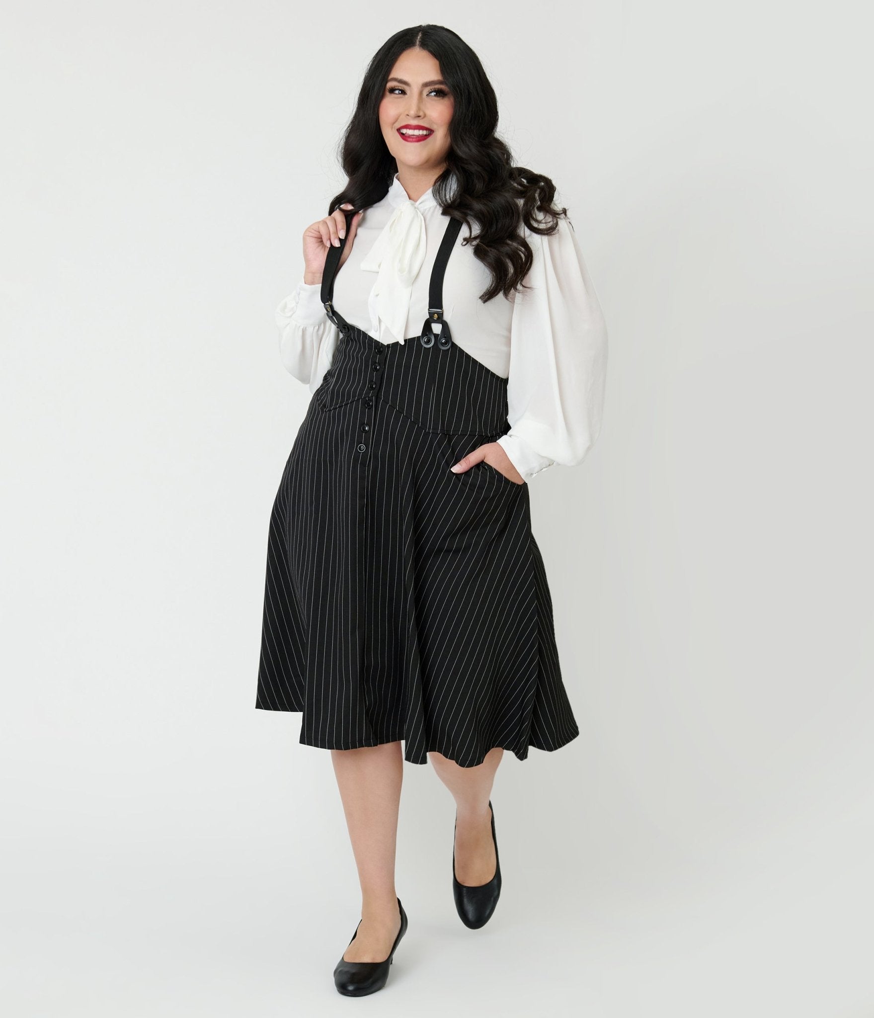 Unique Vintage Plus Size Black & White Pin Stripe Suspender Swing Skirt - Unique Vintage - Womens, BOTTOMS, SKIRTS