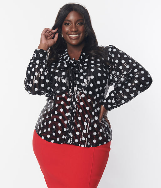 Black and white polka dot blouse plus size online