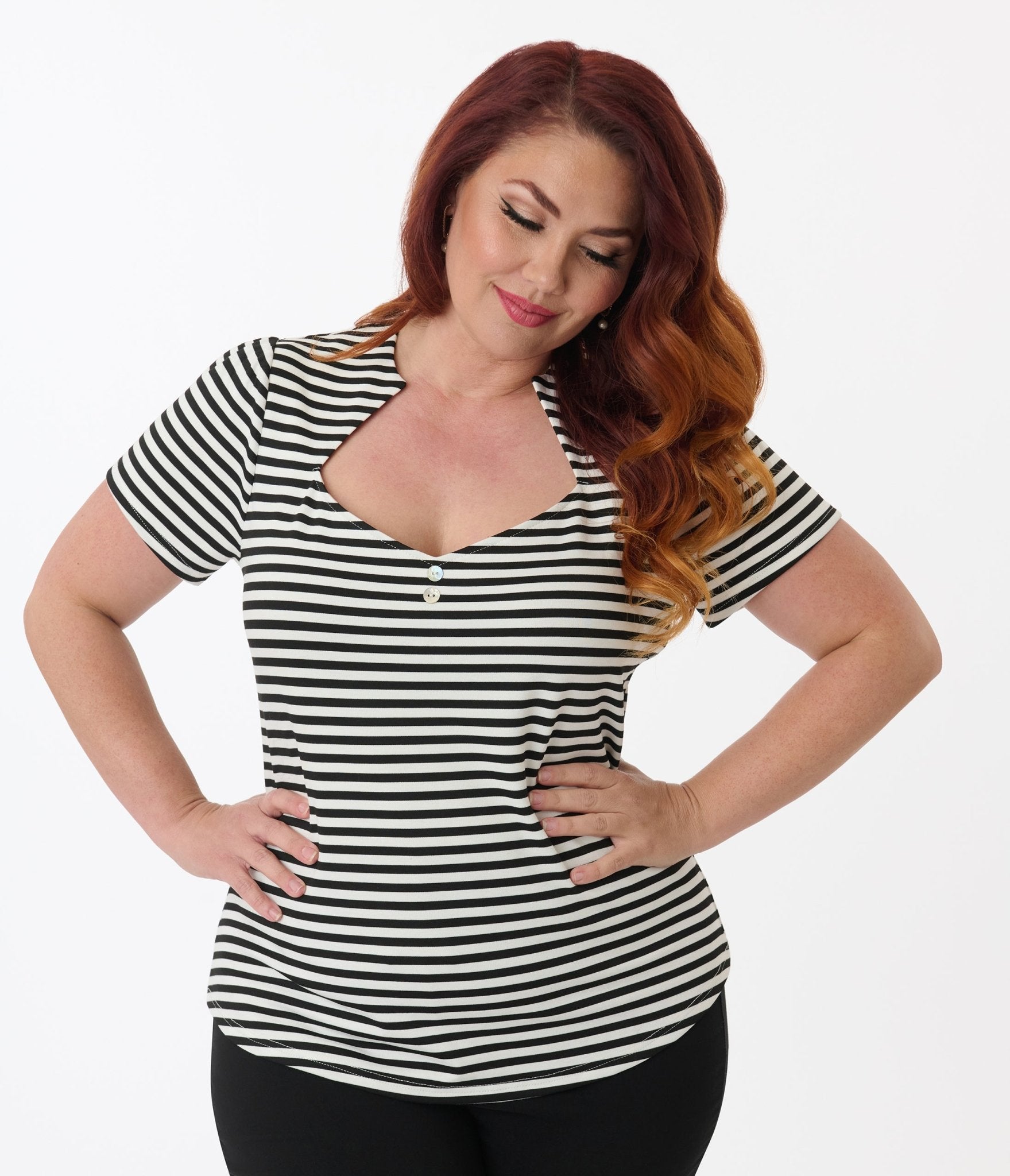 Unique Vintage Plus Size Black & White Stripe Pentagon Collar Knit Top - Unique Vintage - Womens, TOPS, KNIT TOPS