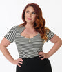 Unique Vintage Plus Size Black & White Stripe Pentagon Collar Knit Top