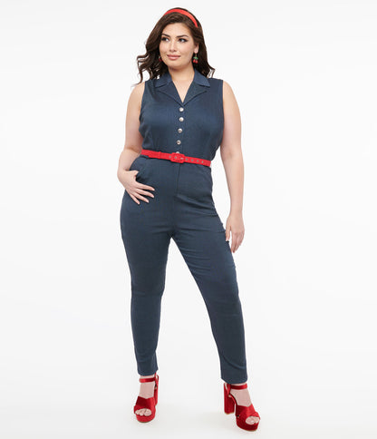 Unique Vintage Plus Size Blue Denim & Red Belt Skinny Jumpsuit - Unique Vintage - Womens, BOTTOMS, ROMPERS AND JUMPSUITS