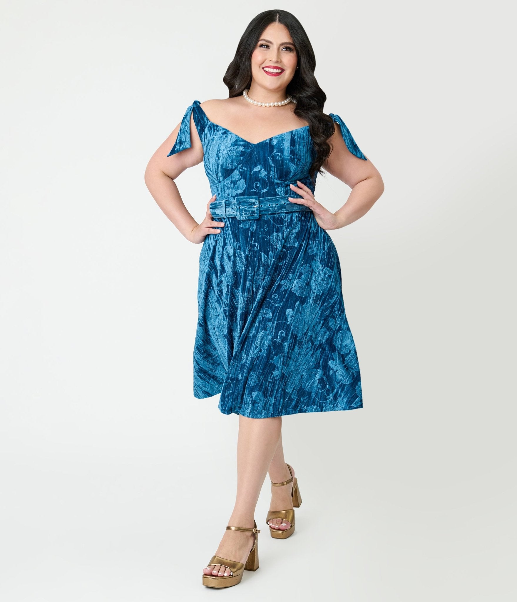 Unique Vintage Plus Size Blue Floral Embossed Velvet Prairie Swing Dress