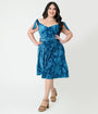 Unique Vintage Plus Size Blue Floral Embossed Velvet Prairie Swing Dress