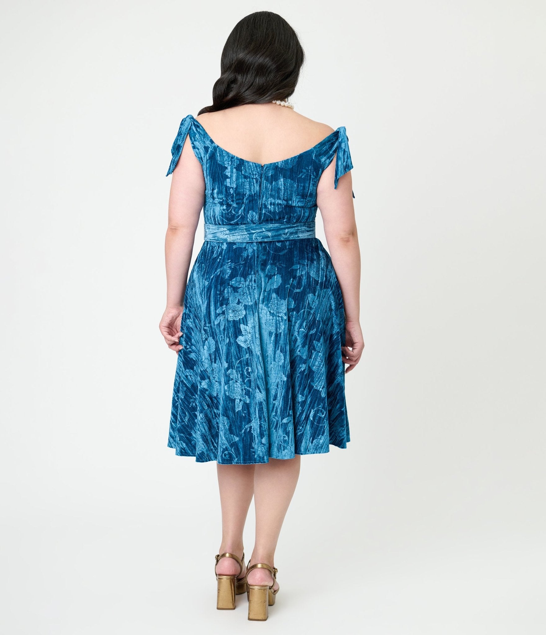 Unique Vintage Plus Size Blue Floral Embossed Velvet Prairie Swing Dress - Unique Vintage - Womens, DRESSES, SWING
