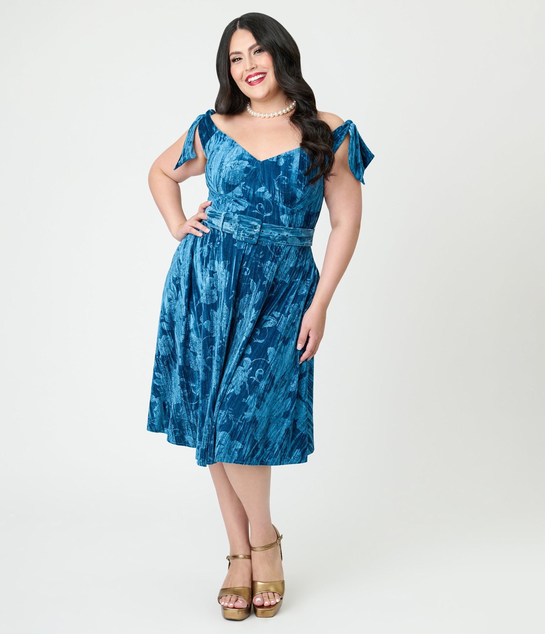 Unique Vintage Plus Size Blue Floral Embossed Velvet Prairie Swing Dress - Unique Vintage - Womens, DRESSES, SWING