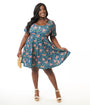 Unique Vintage Plus Size Blue Summer Sloth Print Fit & Flare Dress