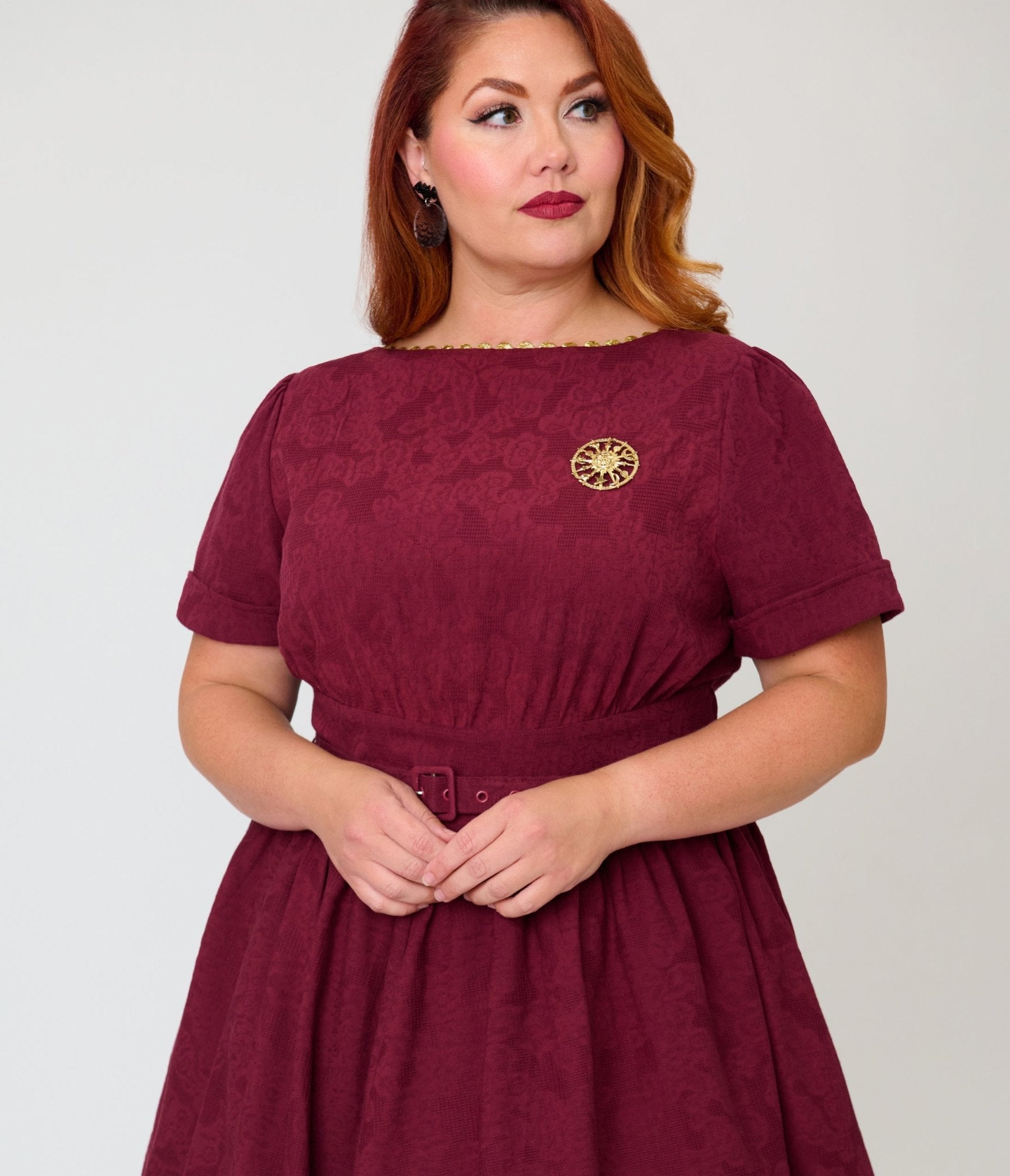 Unique Vintage Plus Size Burgundy Celestial Pin Swing Dress