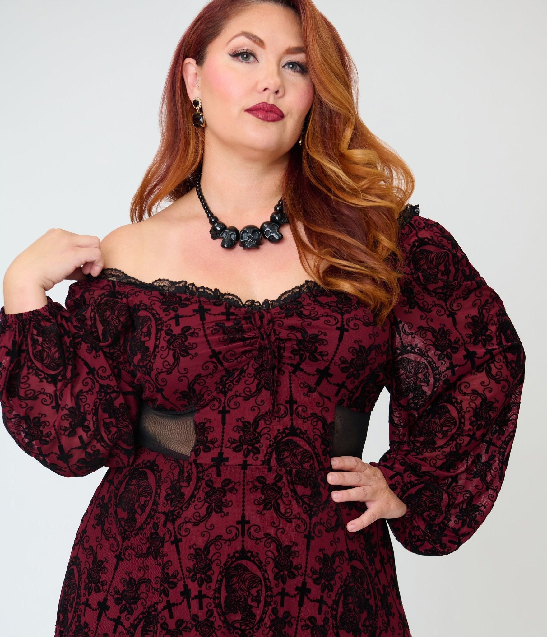 Unique Vintage Plus Size Burgundy Flocked Godet Maxi Dress