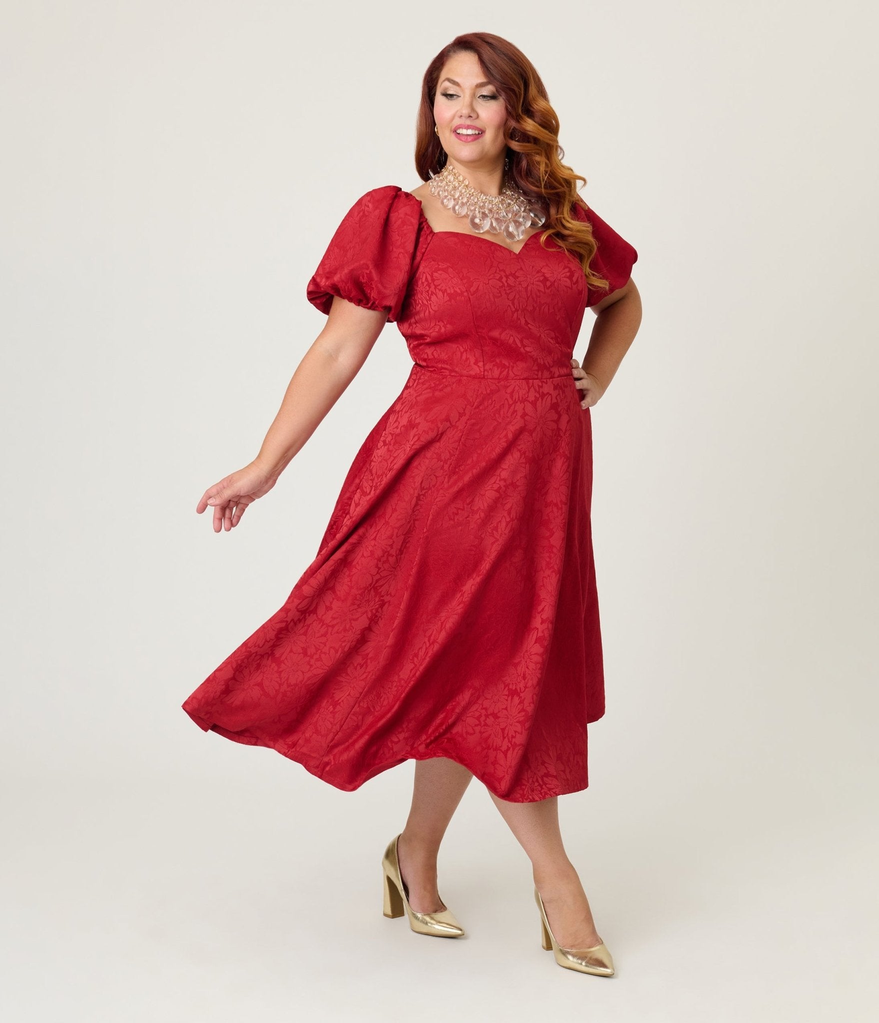 Unique Vintage Plus Size Burgundy Floral Jacquard Sweetheart Swing Dre Unique Vintage Plus Size Burgundy Floral Jacquard Sweetheart Swing Dre
