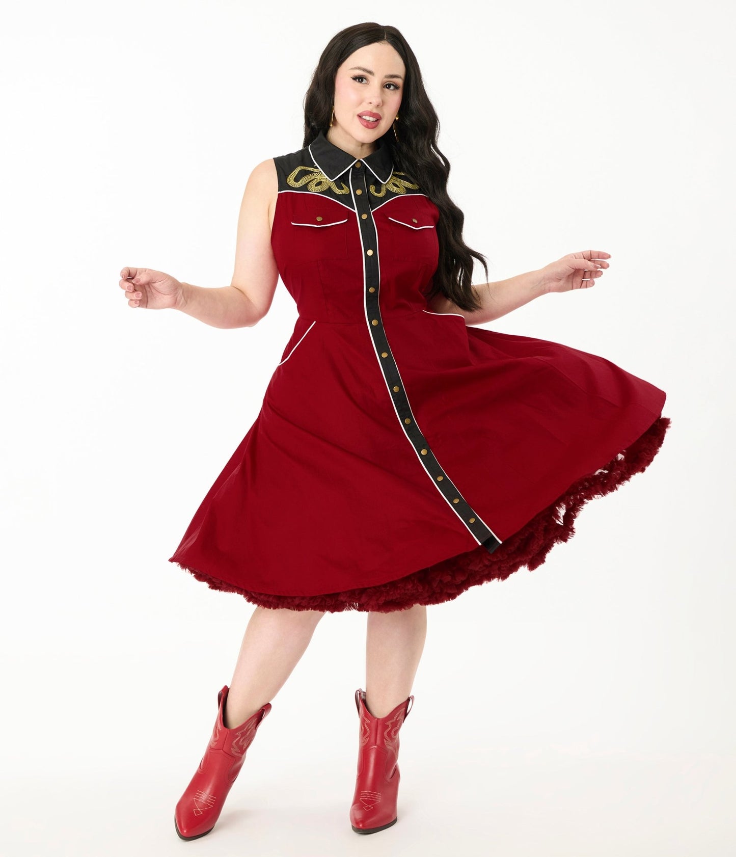Unique Vintage Plus Size Burgundy & Gold Snake Embroidery Western Cotton Flare Dress - Unique Vintage - Womens, DRESSES