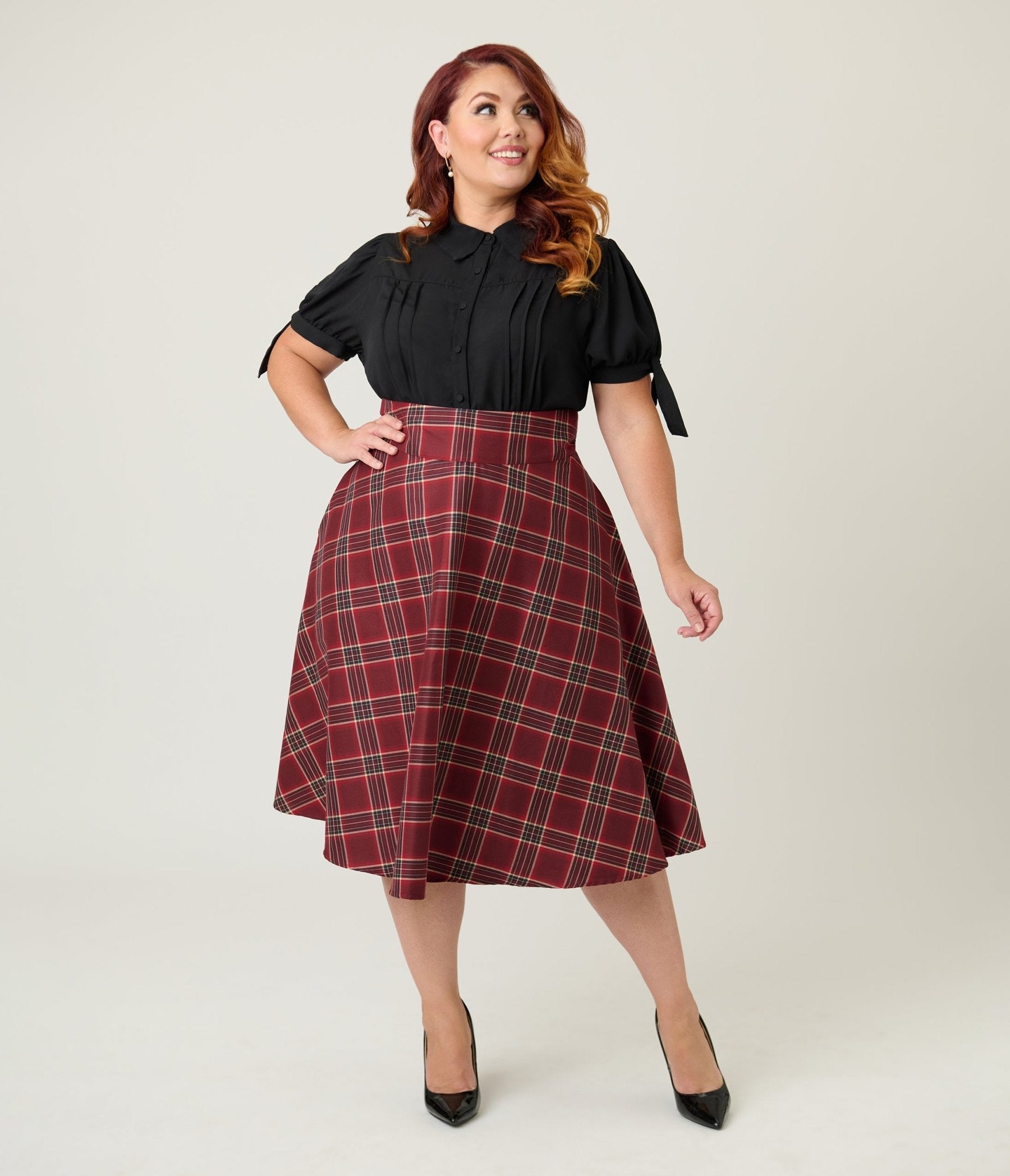 Unique Vintage Plus Size Burgundy Plaid Vivian Swing Skirt