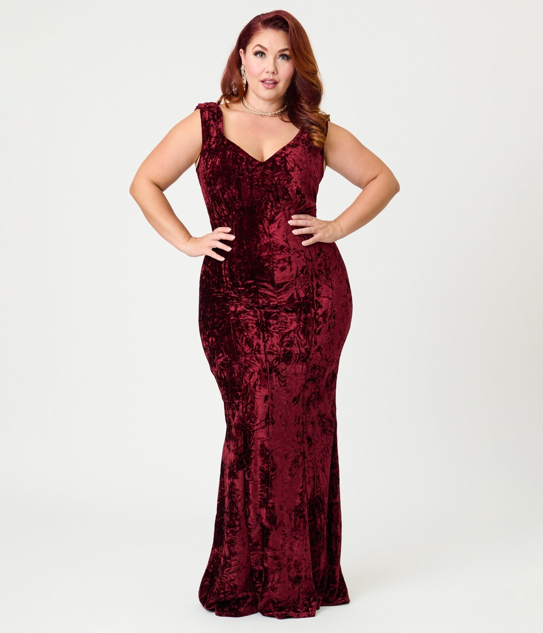 Unique Vintage Plus Size Burgundy Textured Velvet Goldwyn Gown - Unique Vintage - Womens, DRESSES, MAXI