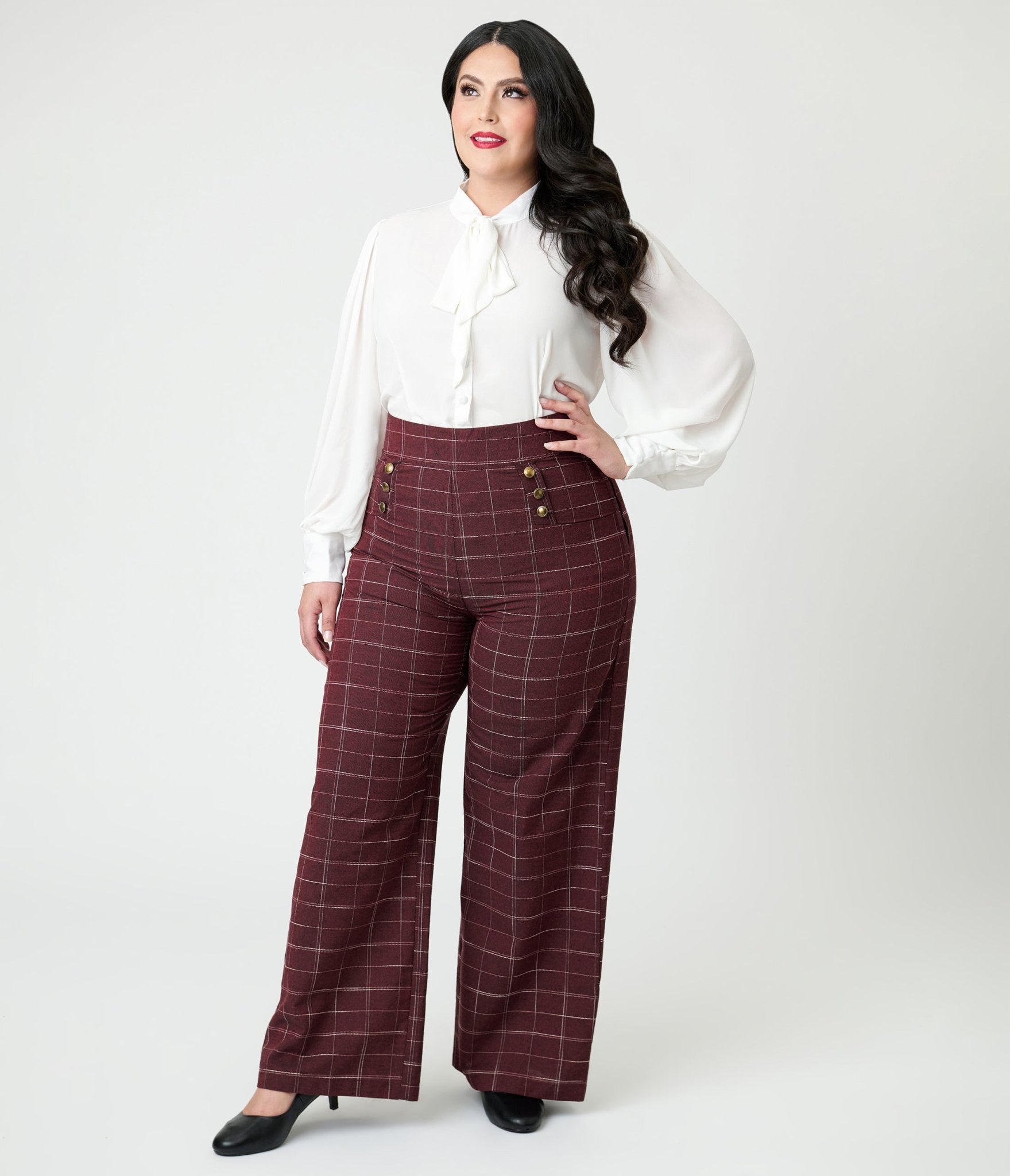 Unique Vintage Plus Size Burgundy Windowpane Plaid Sailor Ginger Pants Unique Vintage Plus Size Burgundy Windowpane Plaid Sailor Ginger Pants