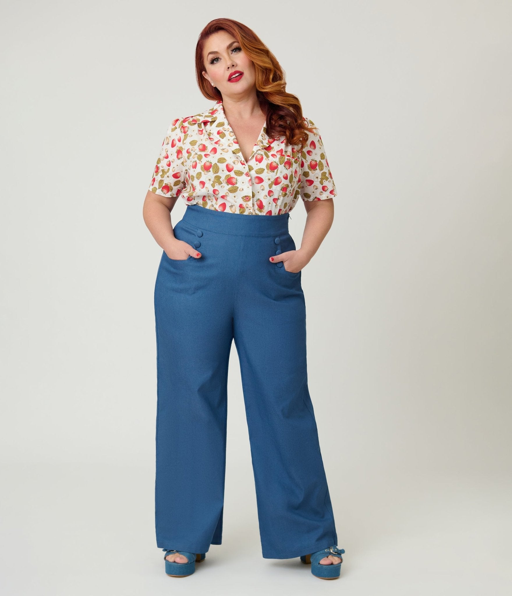 Unique Vintage Plus Size Chambray High Waist Sailor Ginger Pants