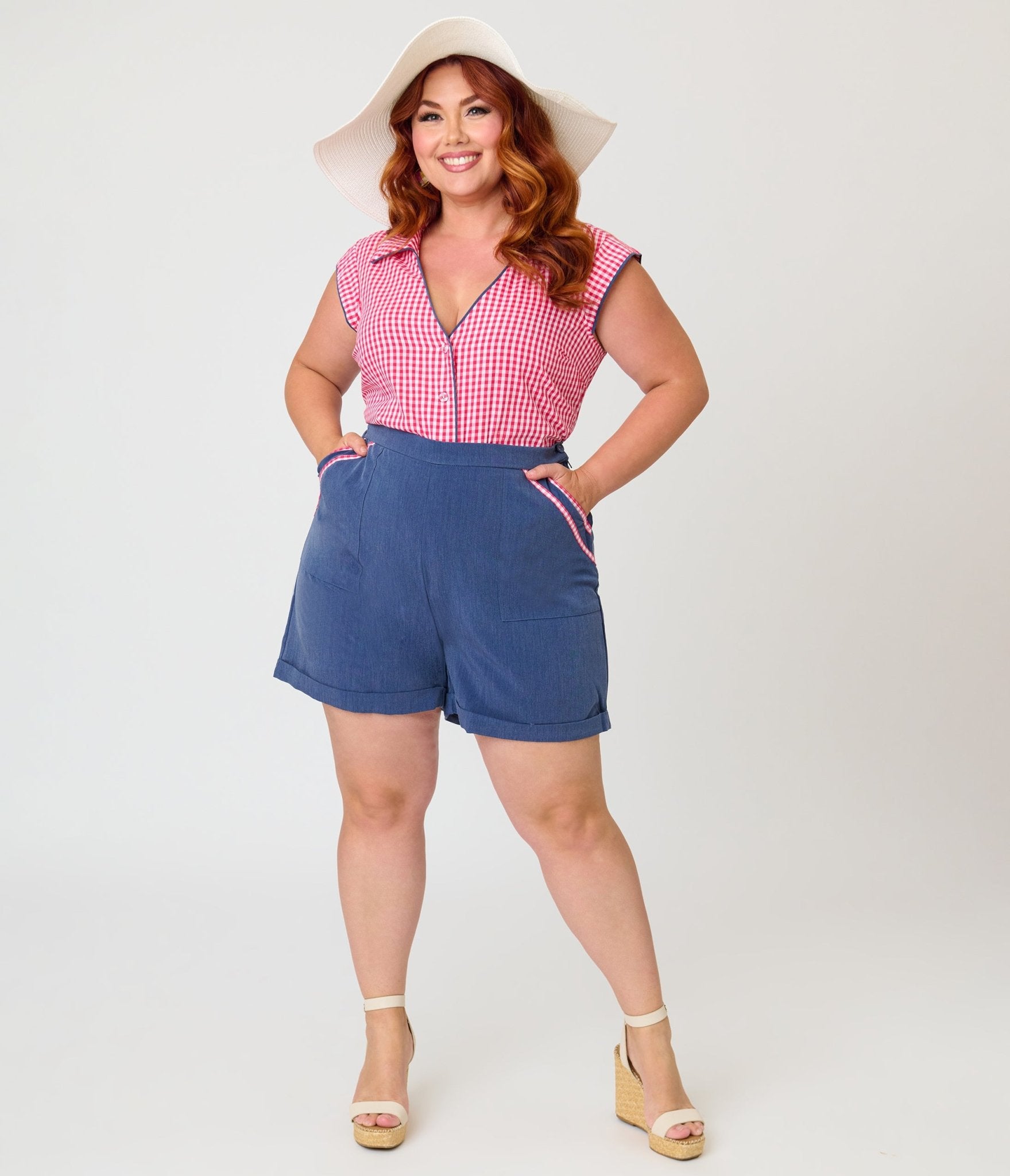 Unique Vintage Plus Size Chambray & Hot Pink Gingham High Waist Shorts