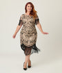 Unique Vintage Plus Size Champagne & Black Beaded Fringe Sleeve Nadine Flapper Dress