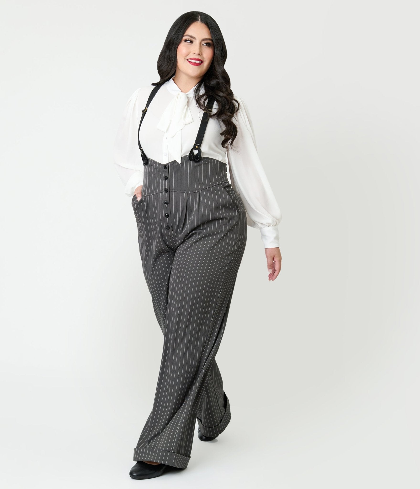Unique Vintage Plus Size Charcoal Pinstripe Thelma Suspender Pants