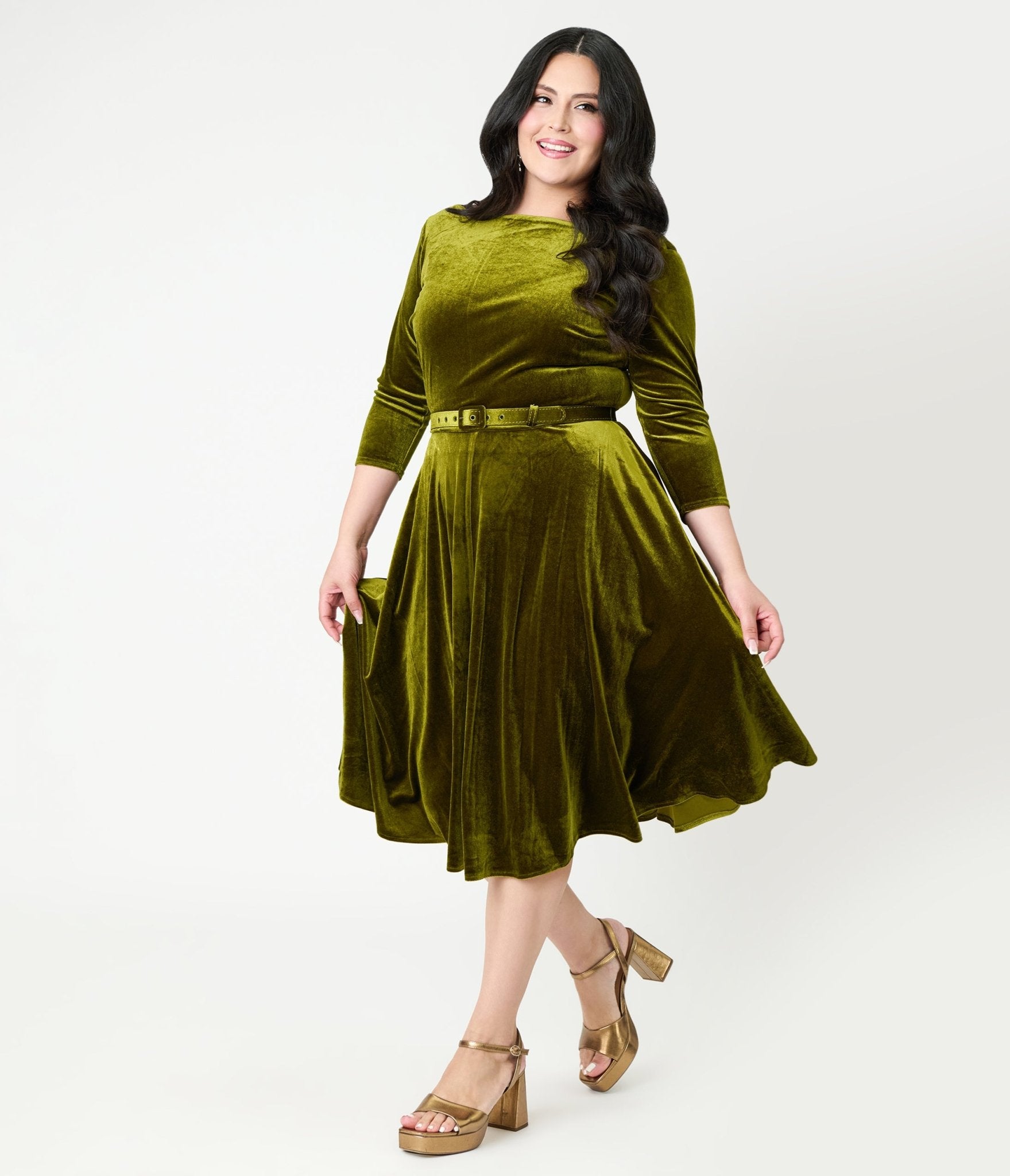 Unique Vintage Plus Size Chartreuse Velvet Devon Swing Dress