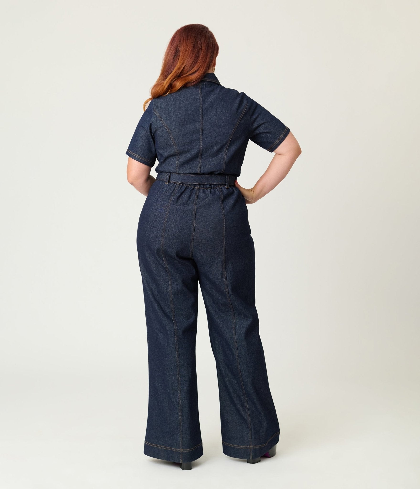 Unique Vintage Plus Size Dark Denim Belted Jumpsuit - Unique Vintage - Womens, BOTTOMS, ROMPERS AND JUMPSUITS