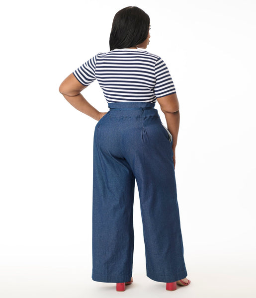 Unique Vintage Plus Size Denim Wide Leg Pleated Pants