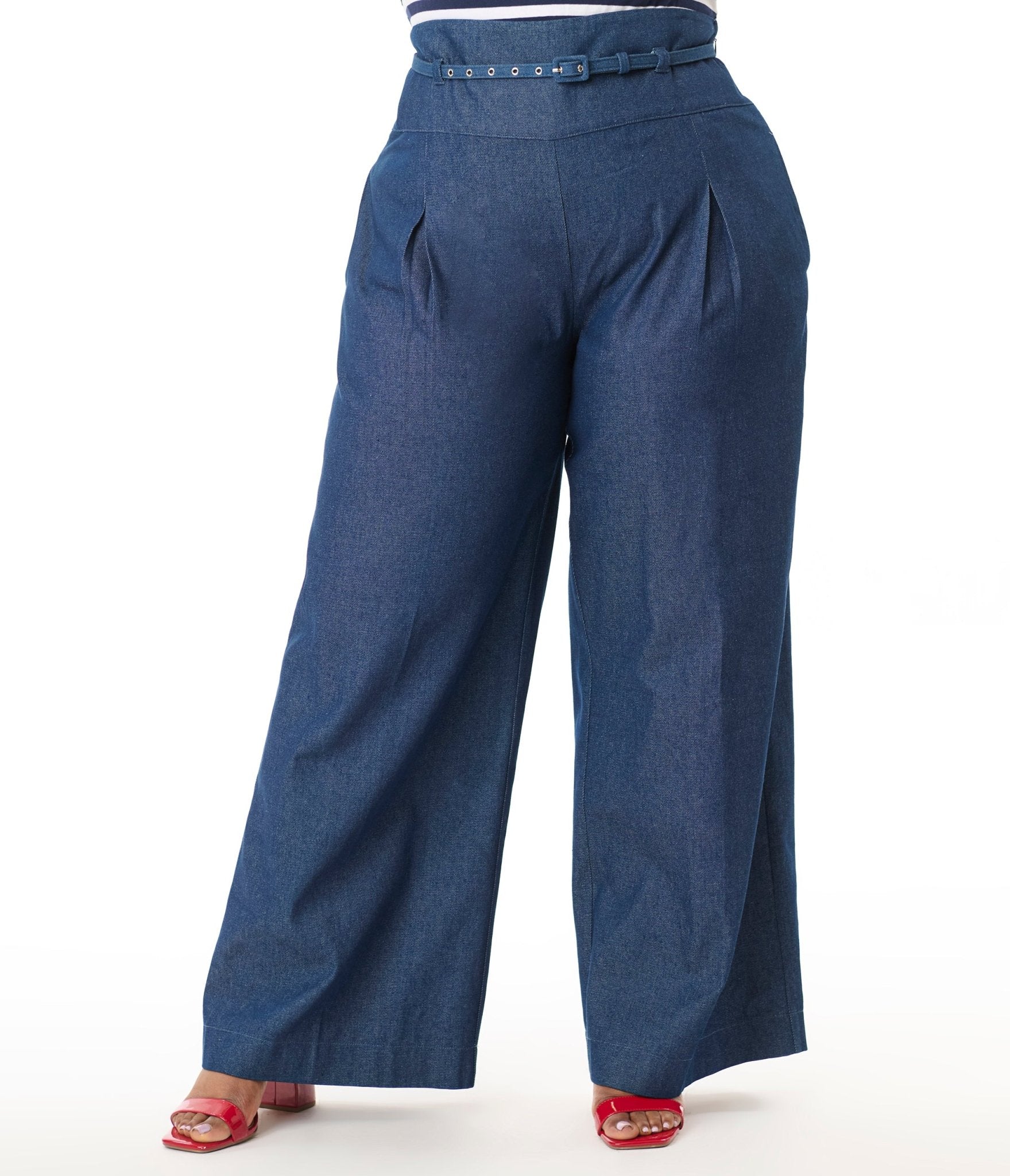 Unique Vintage Plus Size Denim Wide Leg Pleated Pants - Unique Vintage - Womens, BOTTOMS, PANTS