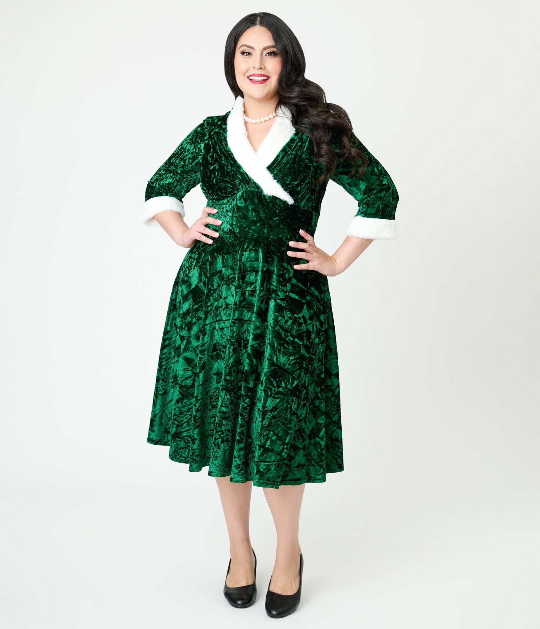 Unique Vintage Plus Size Emerald Crushed Velvet & White Fur Delores Swing Dress - Unique Vintage - Womens, DRESSES, SWING