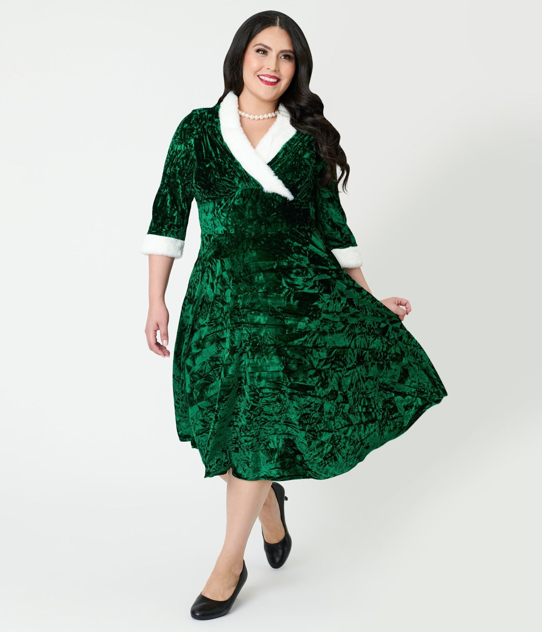Unique Vintage Plus Size Emerald Crushed Velvet & White Fur Delores Swing Dress - Unique Vintage - Womens, DRESSES, SWING