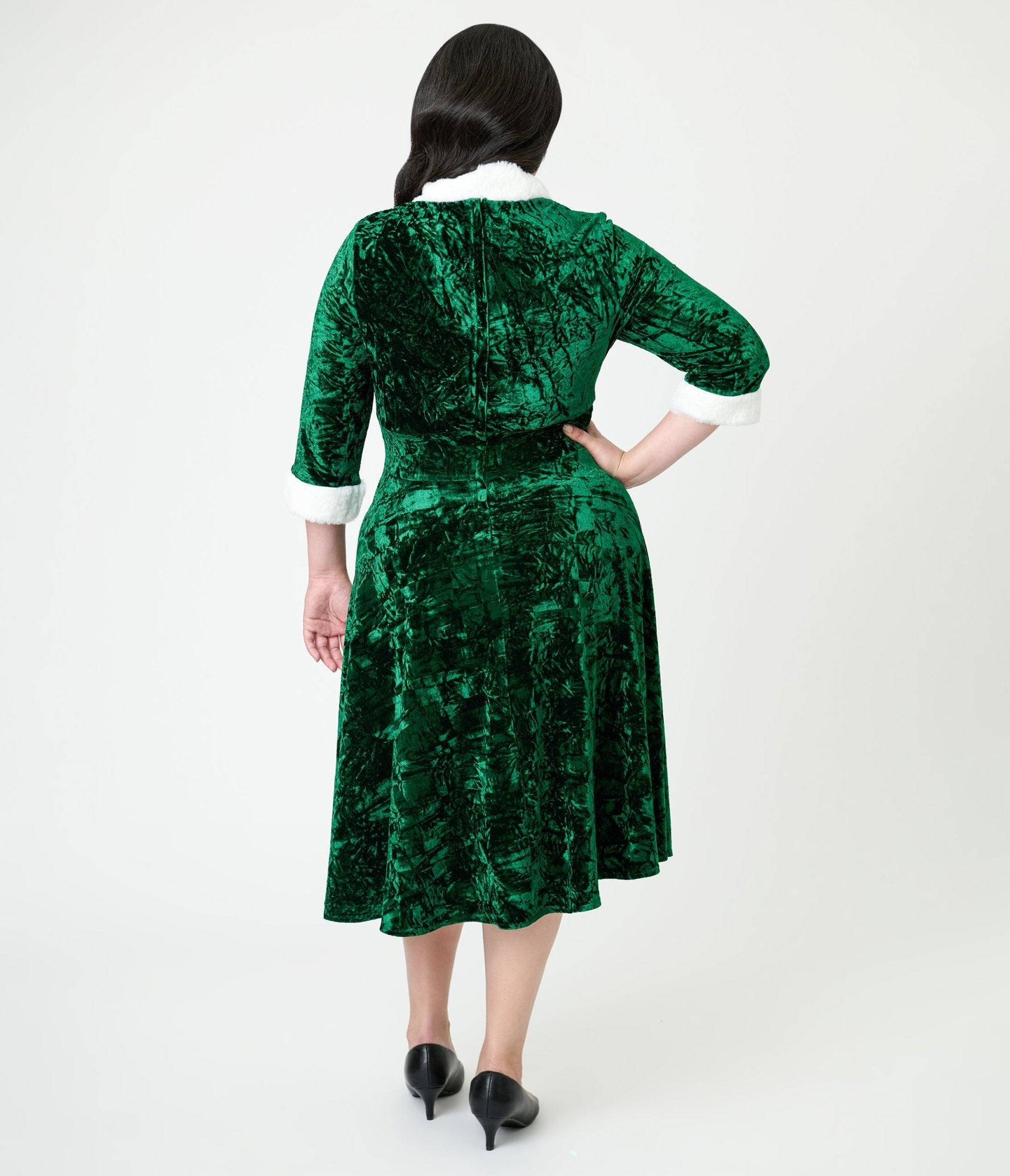 Unique Vintage Plus Size Emerald Crushed Velvet & White Fur Delores Swing Dress - Unique Vintage - Womens, DRESSES, SWING