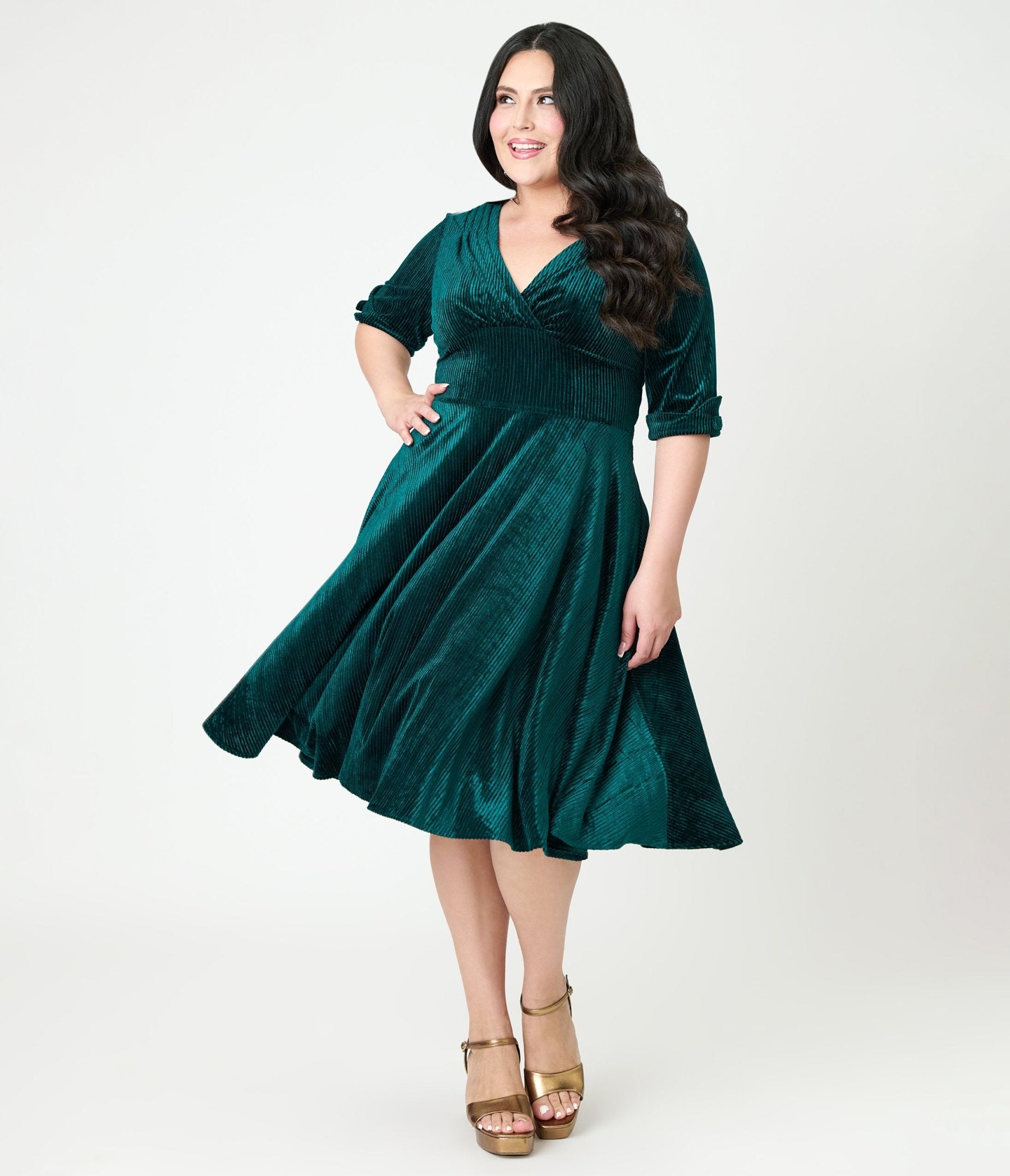 Unique Vintage Plus Size Emerald Textured Velvet Delores Swing Dress
