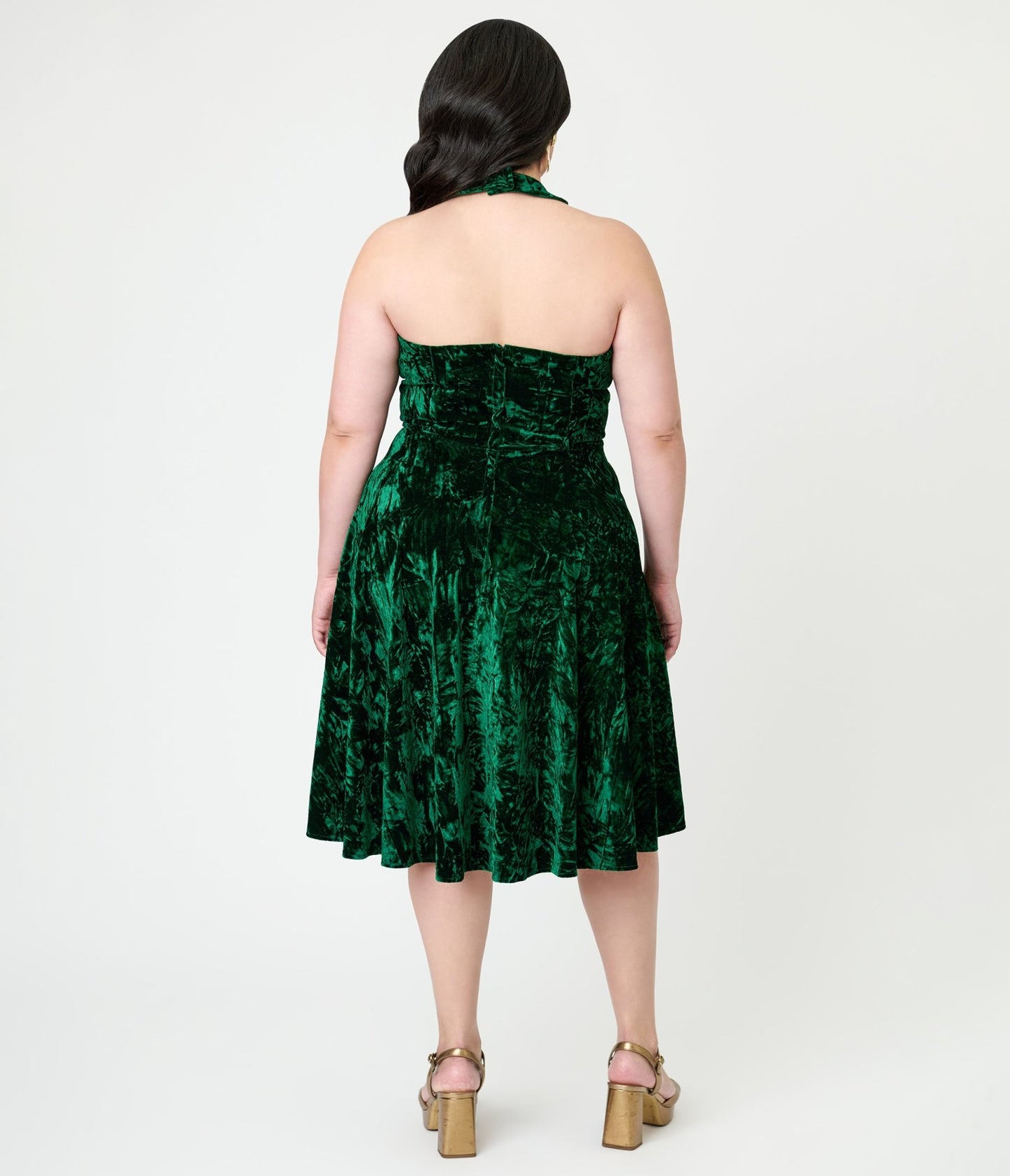 Unique Vintage Plus Size Emerald Velvet Criss Cross Halter Rita Flare Dress - Unique Vintage - Womens, DRESSES, SWING
