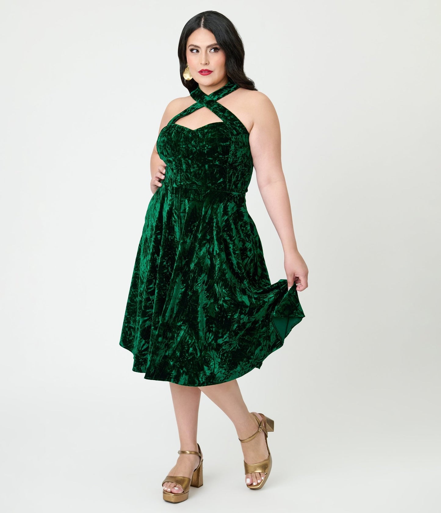 Unique Vintage Plus Size Emerald Velvet Criss Cross Halter Rita Flare Dress - Unique Vintage - Womens, DRESSES, SWING