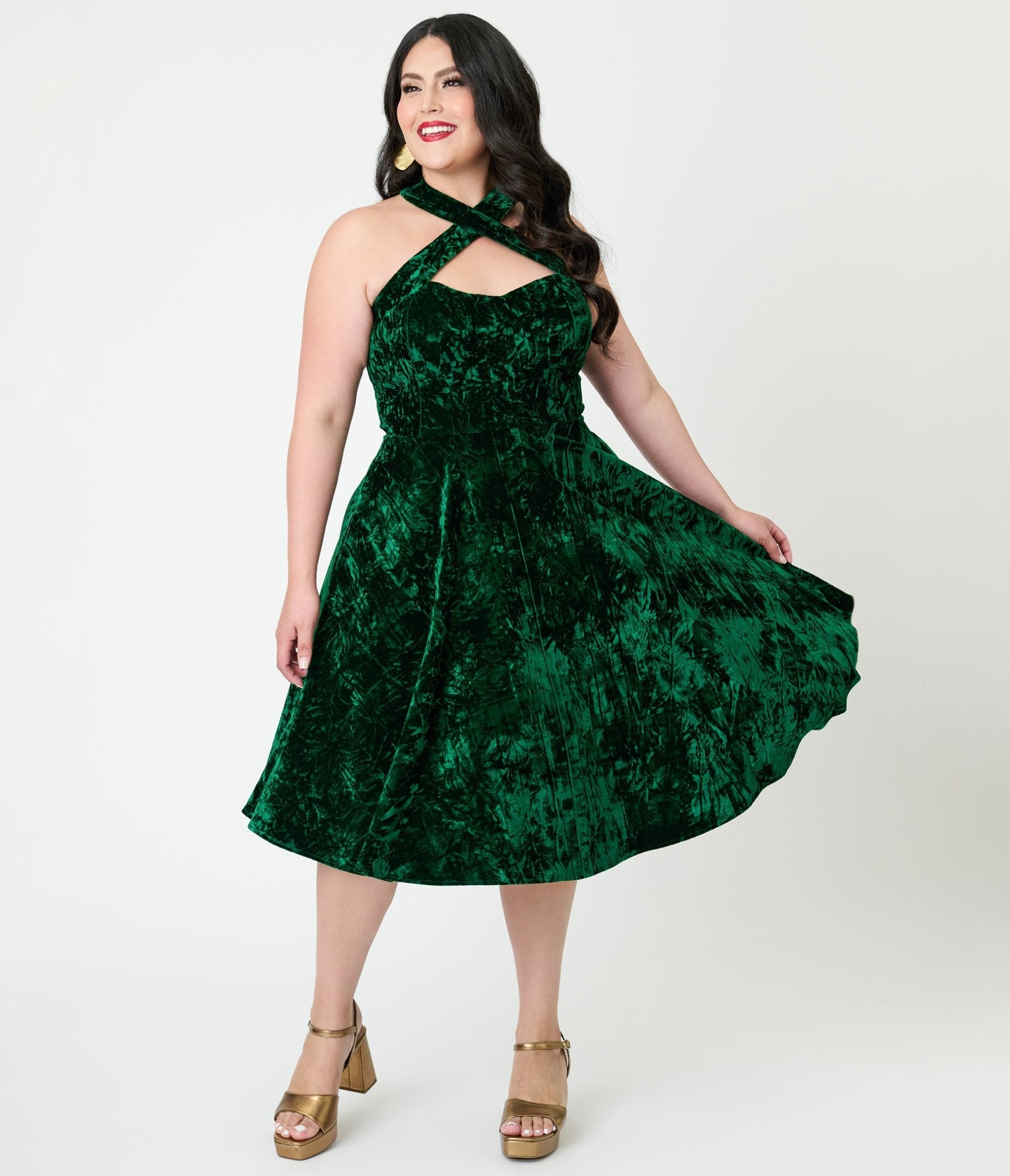 Unique Vintage Plus Size Emerald Velvet Criss Cross Halter Rita Flare Unique Vintage Plus Size Emerald Velvet Criss Cross Halter Rita Flare