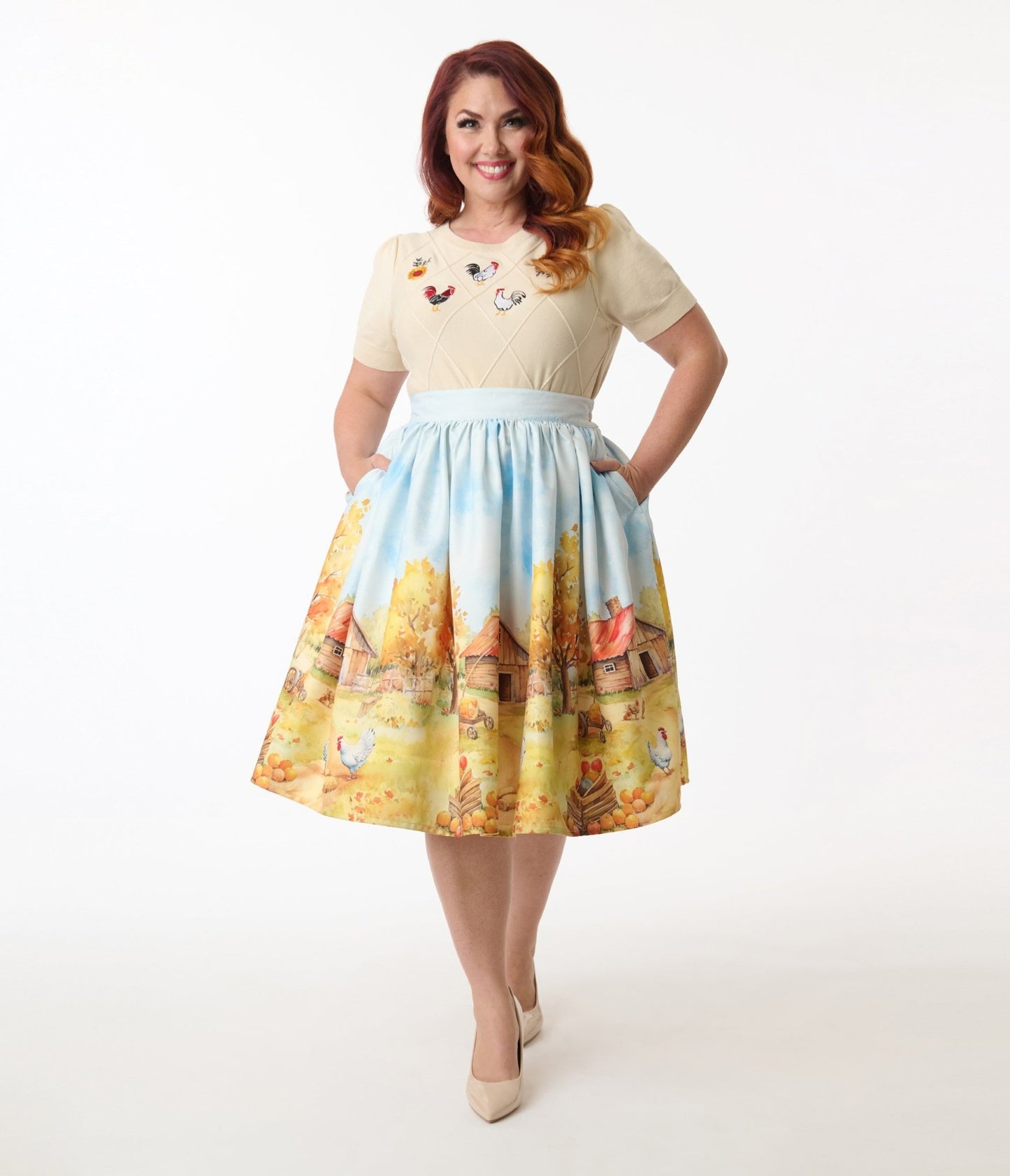 Unique Vintage Plus Size Farm Print Gellar Swing Skirt - Unique Vintage - Womens, BOTTOMS, SKIRTS