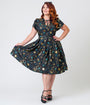 Unique Vintage Plus Size Gold Foil Celestial Dahlia Swing Dress