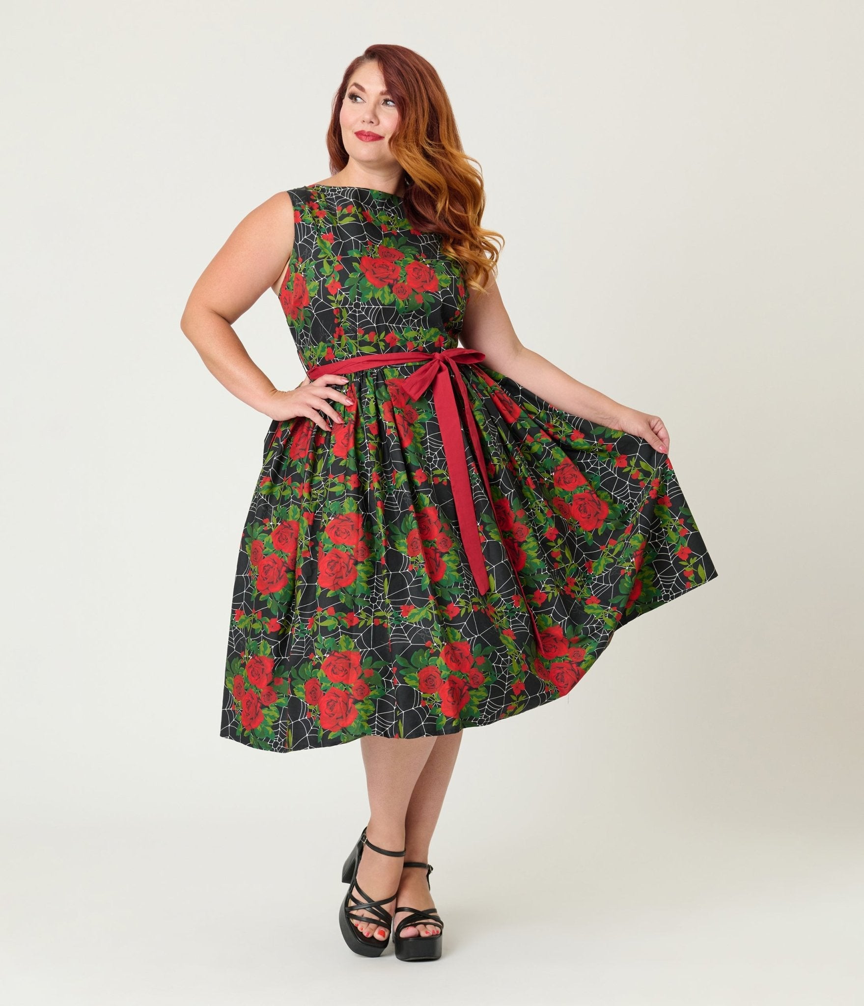 Unique Vintage Plus Size Gothic Roses Sleeveless Cotton Swing Dress - Unique Vintage - Womens, DRESSES, SWING
