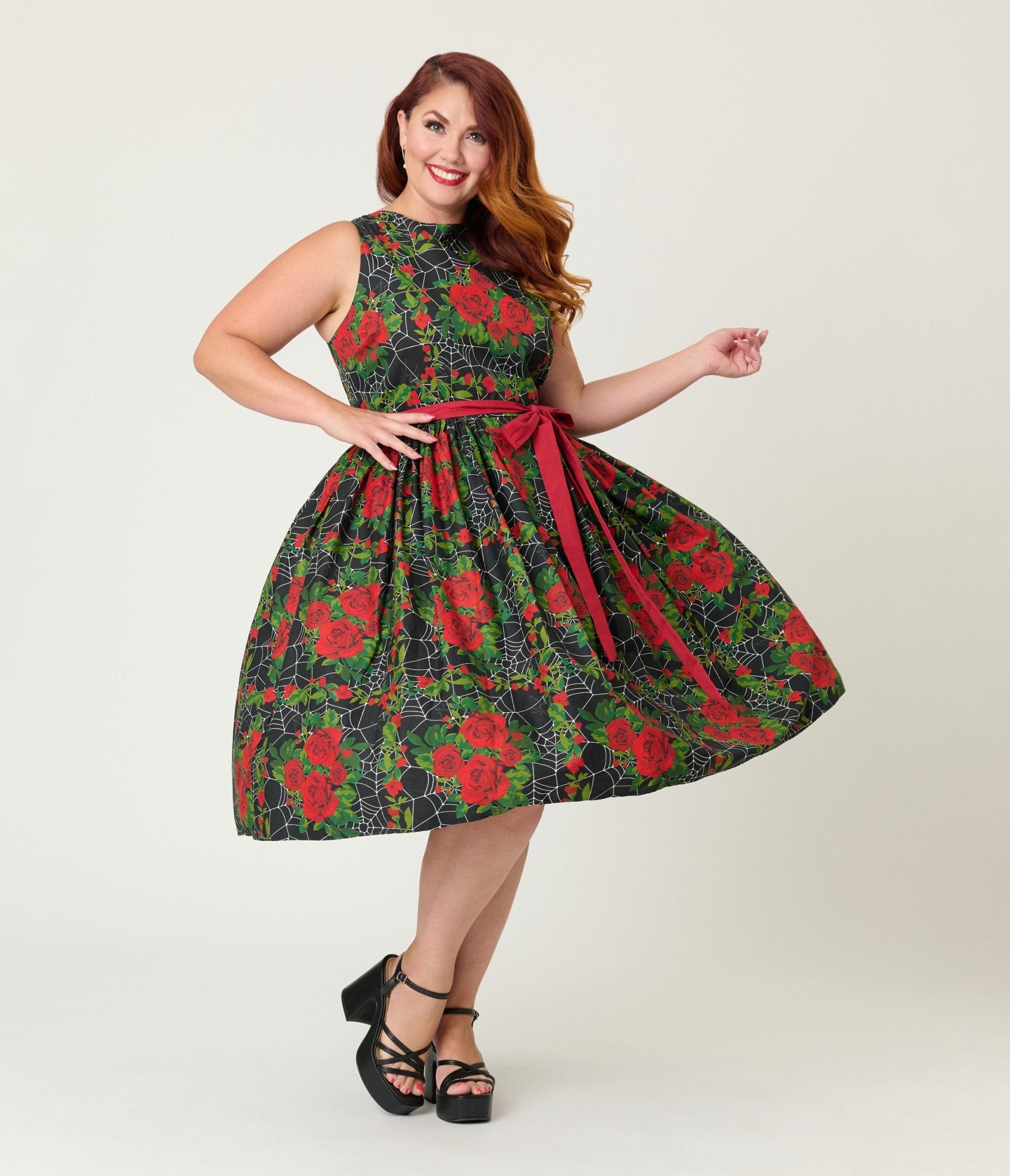 Unique Vintage Plus Size Gothic Roses Sleeveless Cotton Swing Dress