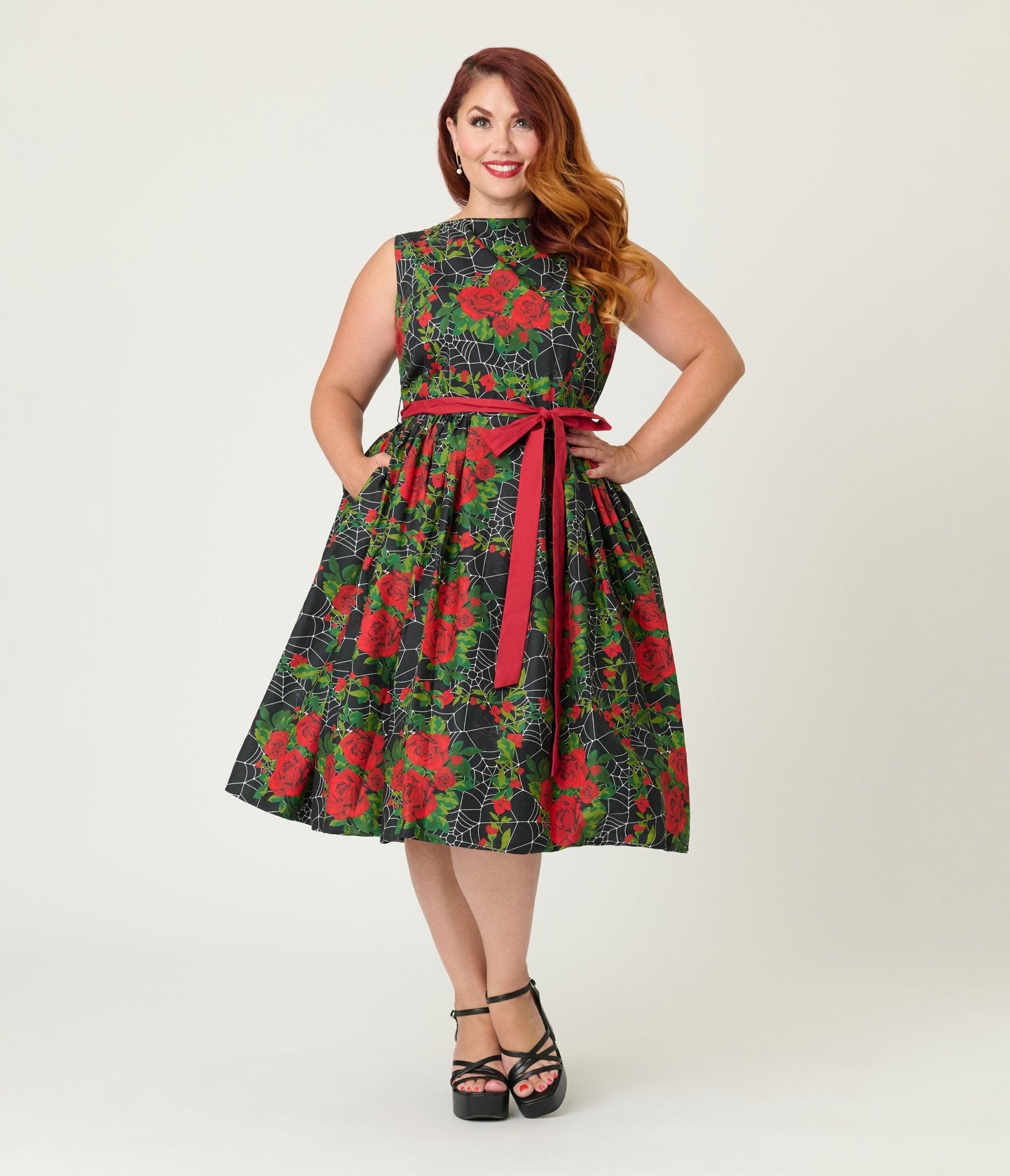 Unique Vintage Plus Size Gothic Roses Sleeveless Cotton Swing Dress - Unique Vintage - Womens, DRESSES, SWING
