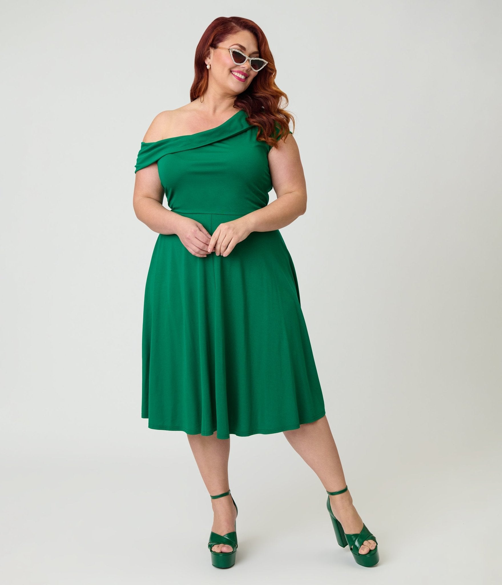 Unique Vintage Plus Size Green Asymmetrical Neck Swing Dress Unique Vintage Plus Size Green Asymmetrical Neck Swing Dress