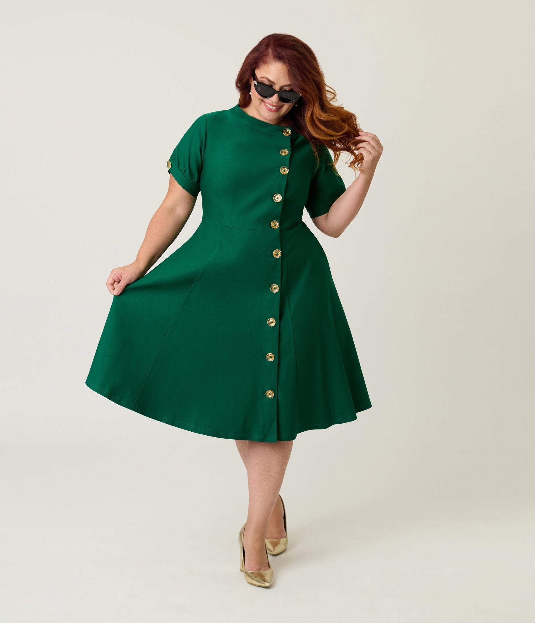 Unique Vintage Plus Size Green Button Swing Dress - Unique Vintage - Womens, DRESSES, SWING