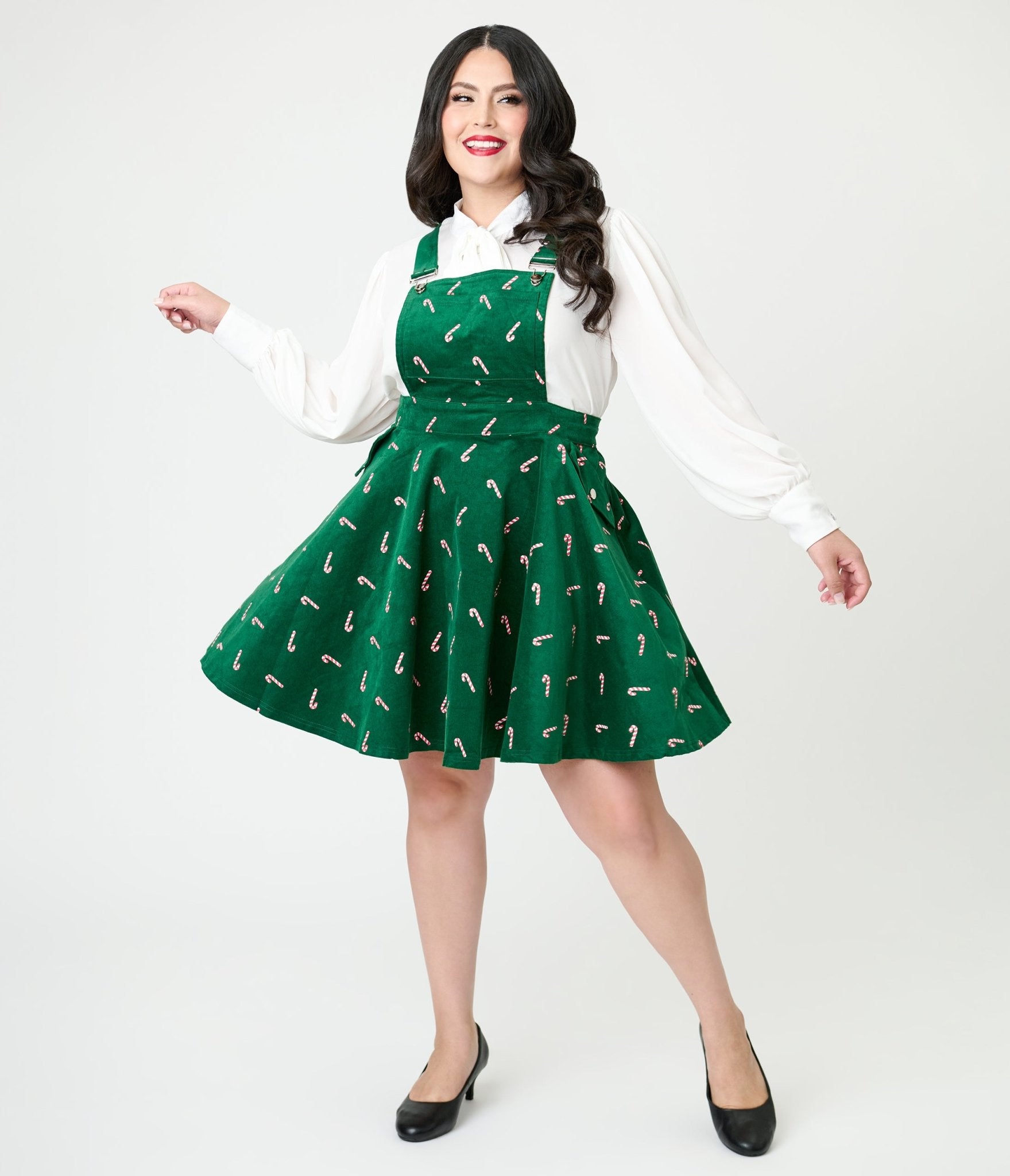 Unique Vintage Plus Size Green & Candy Cane Stamp Brionne Pinafore Ski Unique Vintage Plus Size Green & Candy Cane Stamp Brionne Pinafore Ski