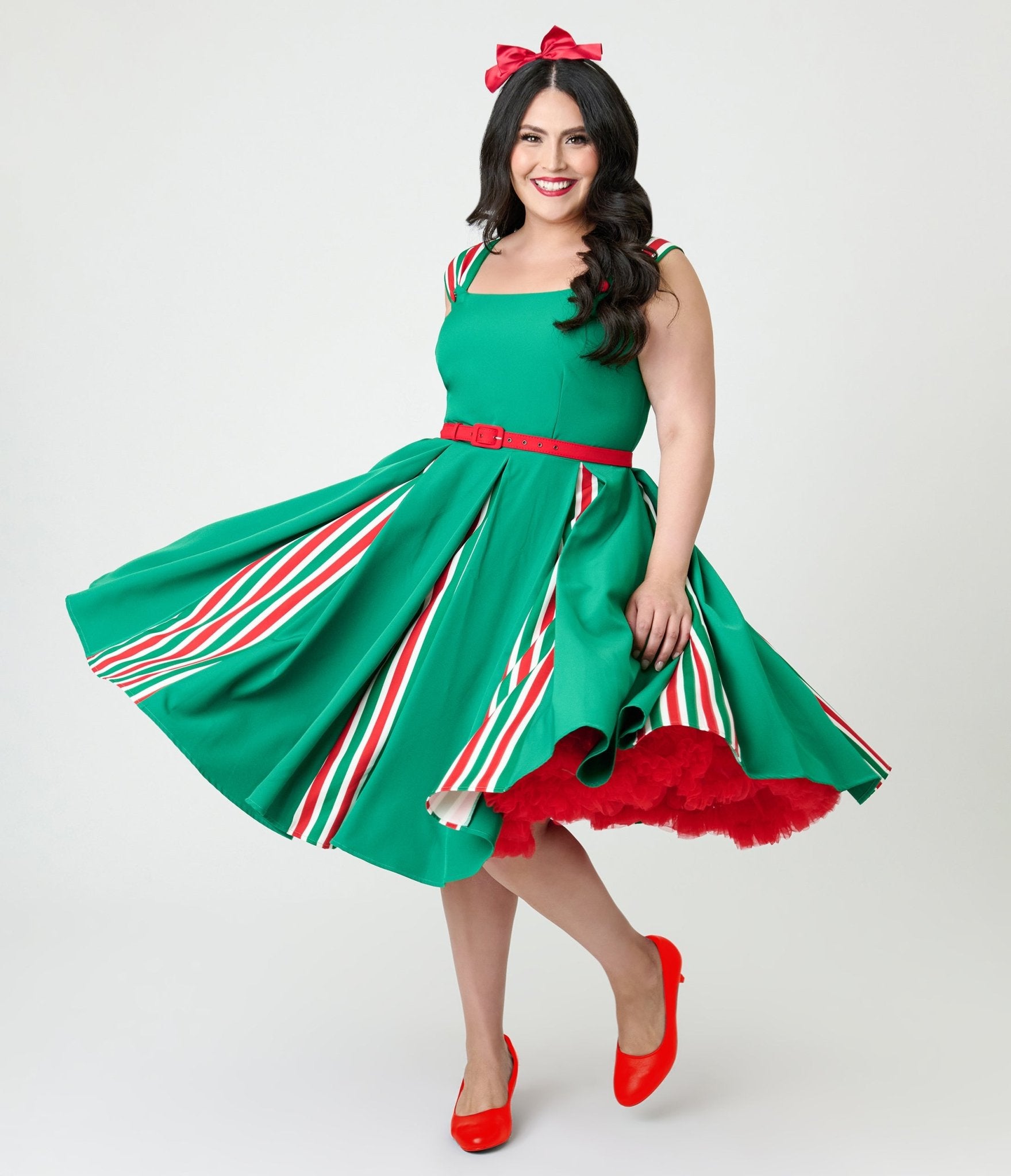 Unique Vintage Plus Size Green Candy Cane Stripe Swing Dress