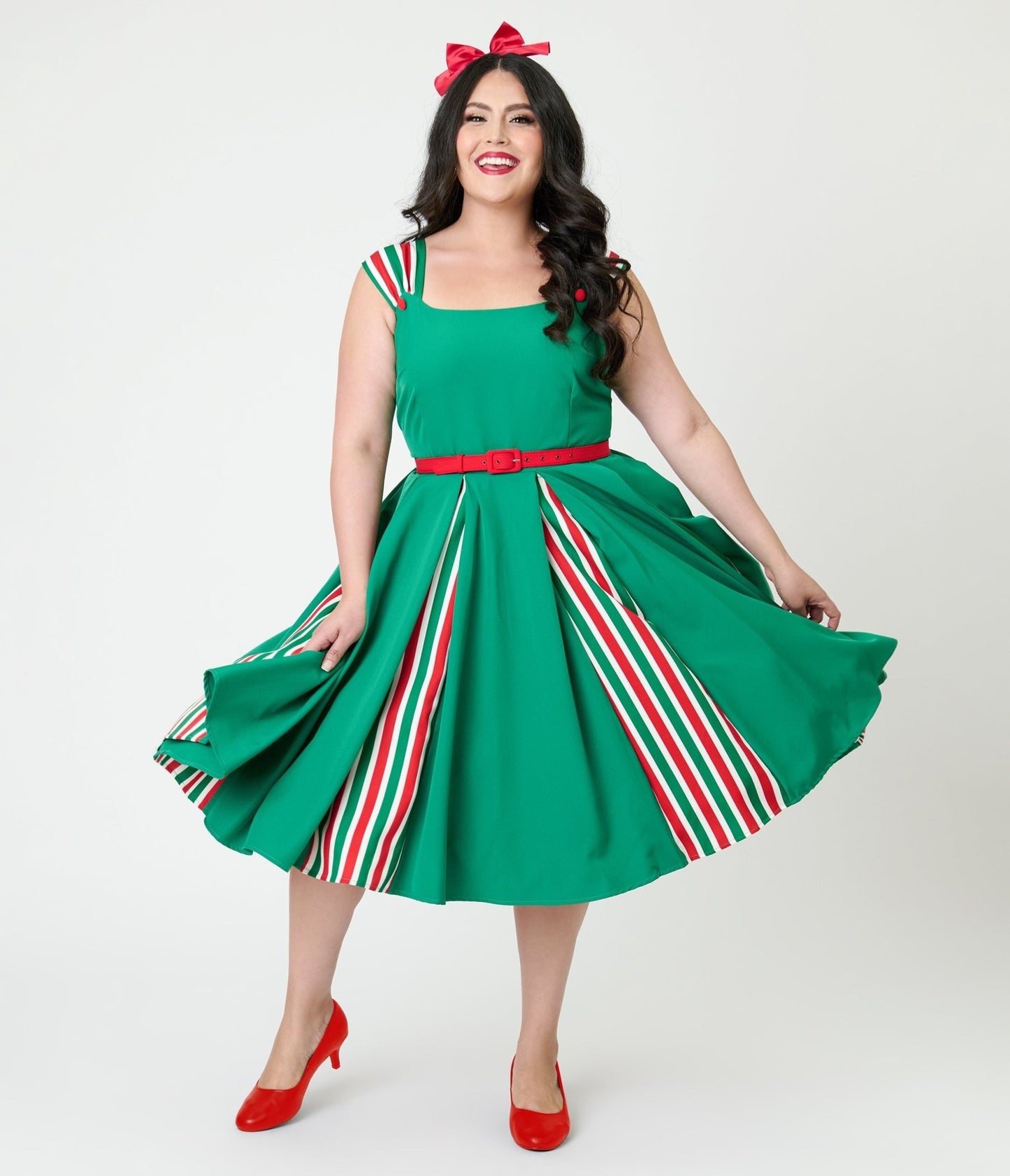 Unique Vintage Plus Size Green & Candy Cane Stripe Swing Dress - Unique Vintage - Womens, DRESSES, SWING