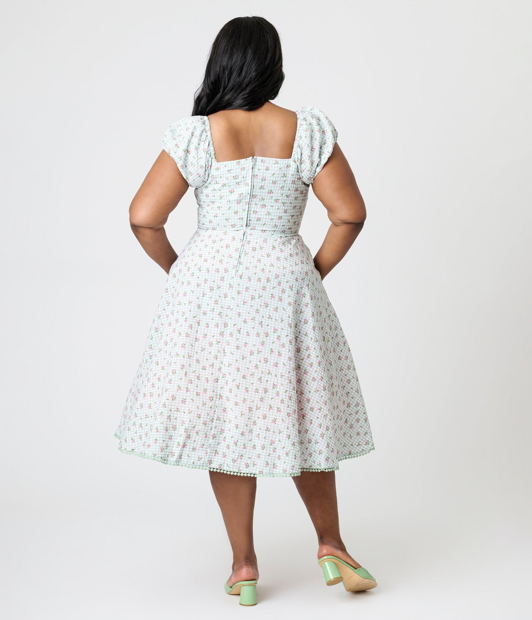 Unique Vintage Plus Size Green Floral Gingham Print Swing Dress - Unique Vintage - Womens, DRESSES, SWING