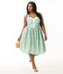 Unique Vintage Plus Size Green Gingham & Floral Sweetheart Swing Dress