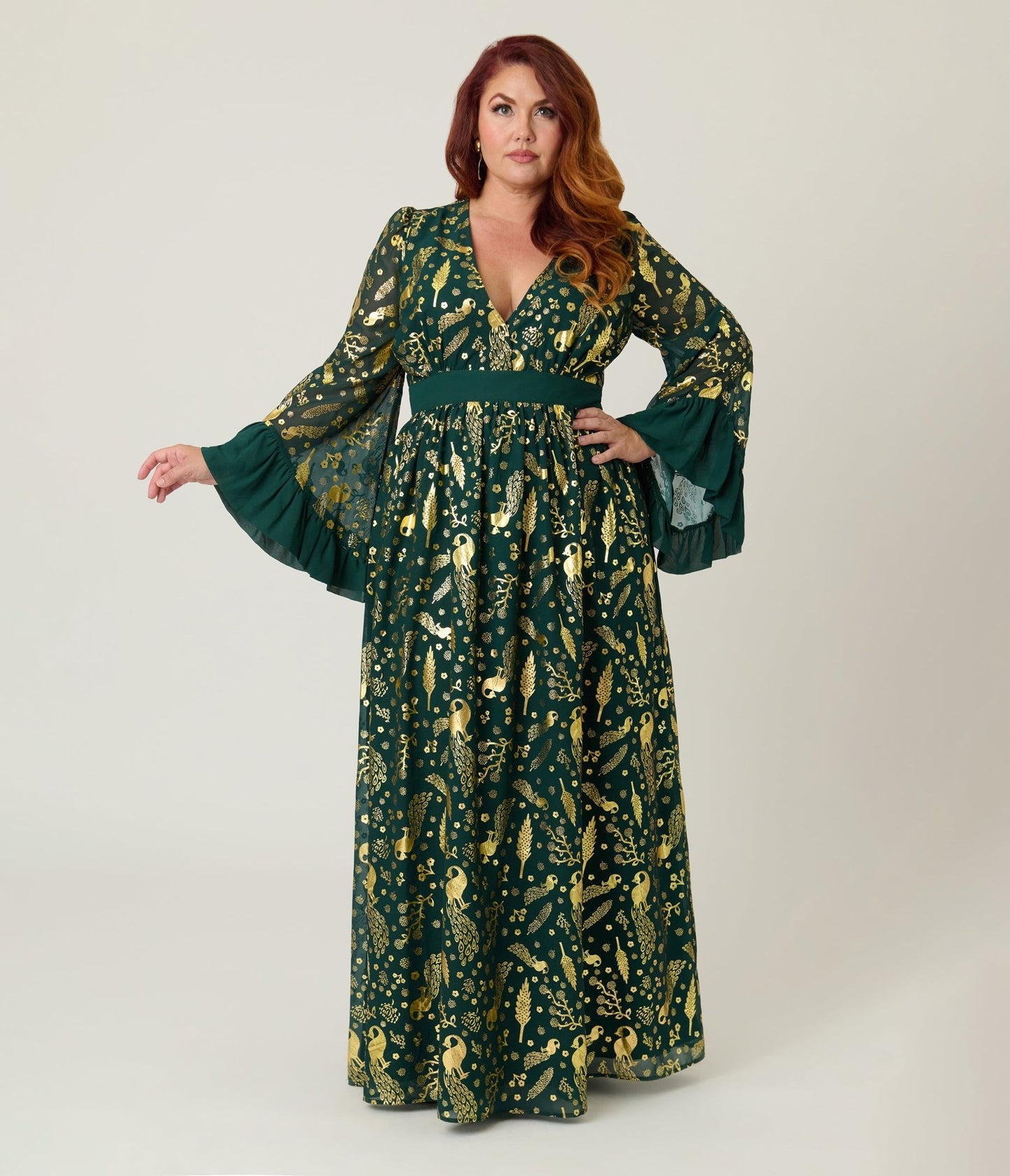 Unique Vintage Plus Size Green & Gold Foil Peacock Print Maxi Dress - Unique Vintage - Womens, DRESSES, MAXI
