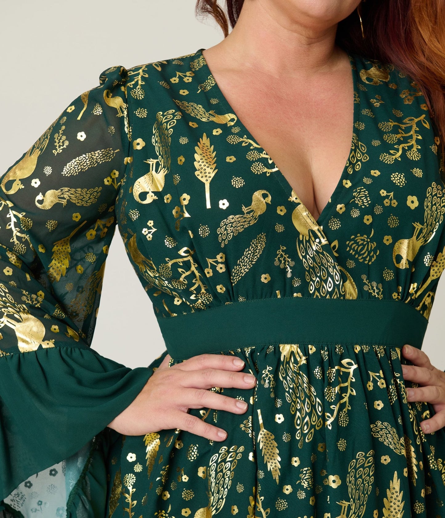 Unique Vintage Plus Size Green & Gold Foil Peacock Print Maxi Dress - Unique Vintage - Womens, DRESSES, MAXI