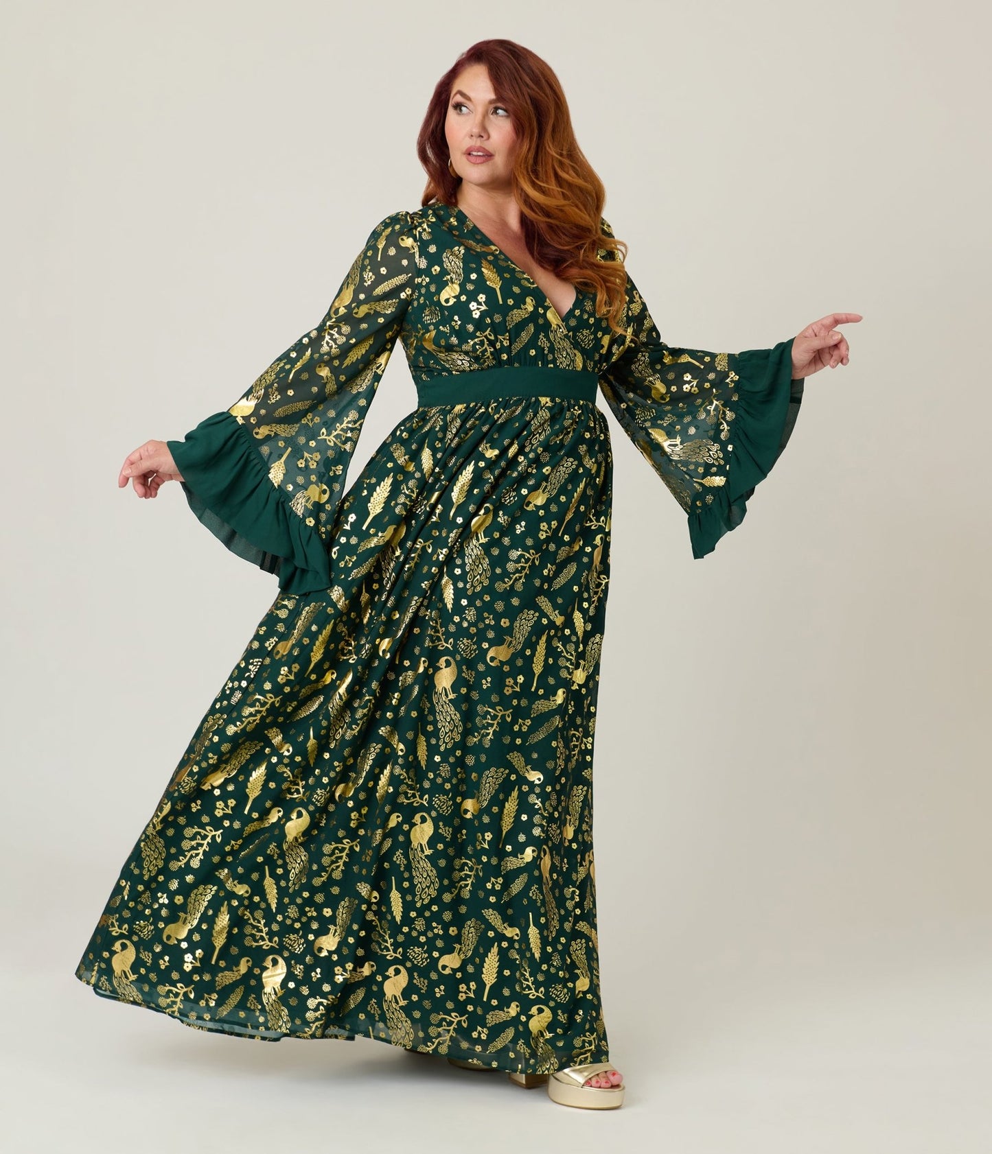 Unique Vintage Plus Size Green & Gold Foil Peacock Print Maxi Dress - Unique Vintage - Womens, DRESSES, MAXI