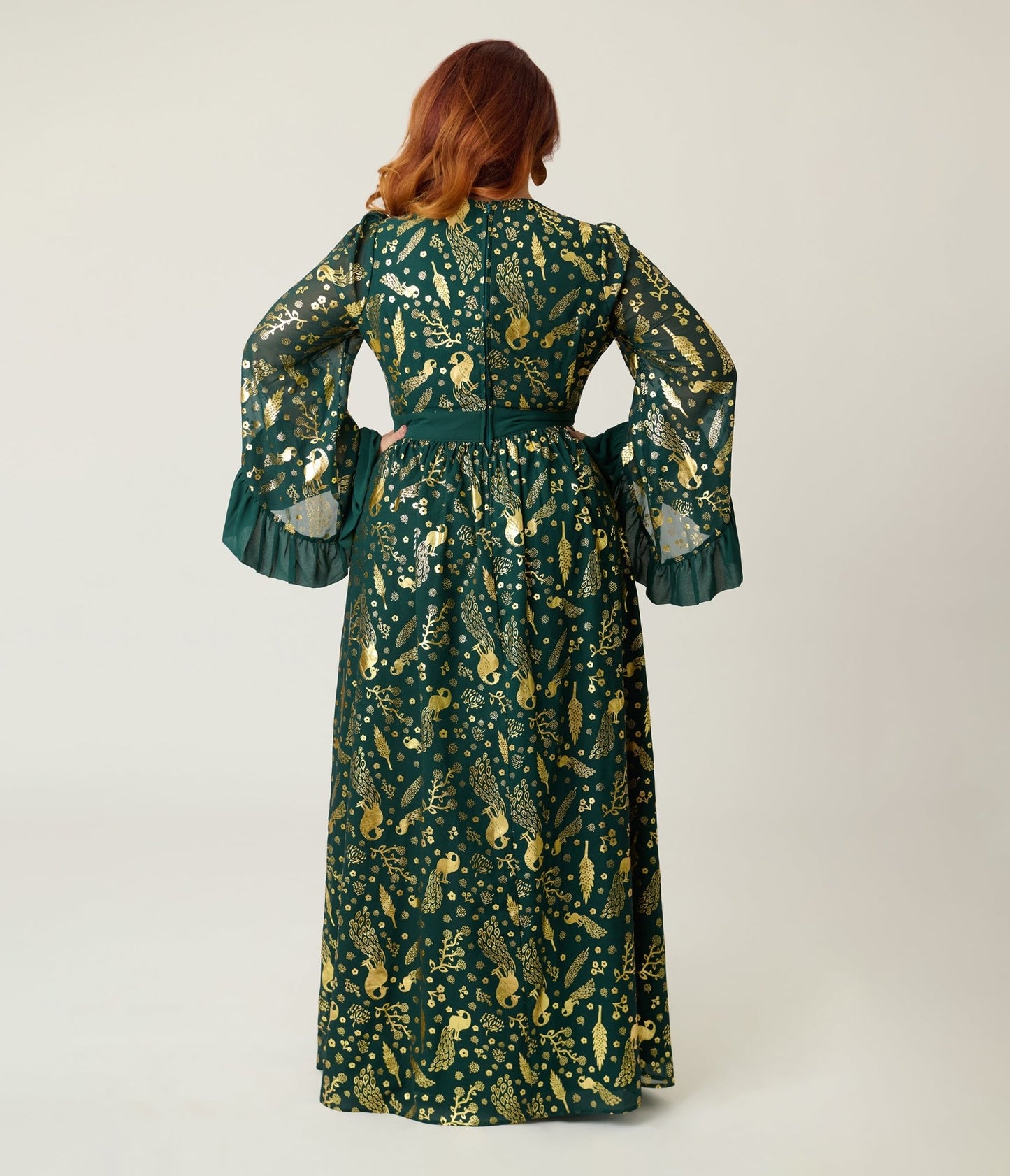Unique Vintage Plus Size Green & Gold Foil Peacock Print Maxi Dress - Unique Vintage - Womens, DRESSES, MAXI