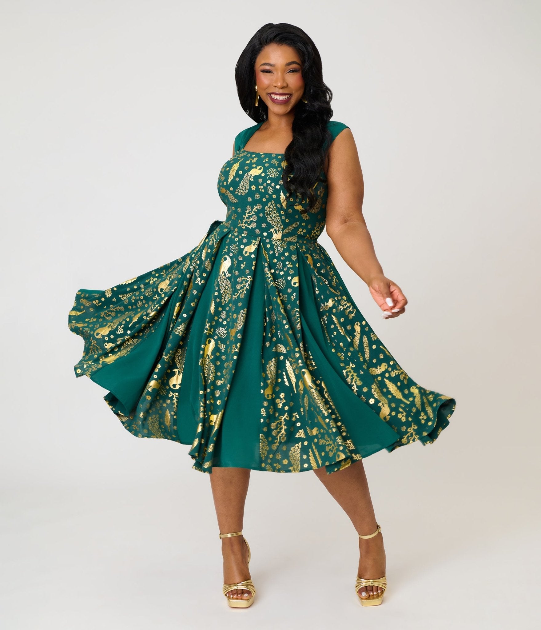 Unique Vintage Plus Size Green & Gold Peacock Swing Dress